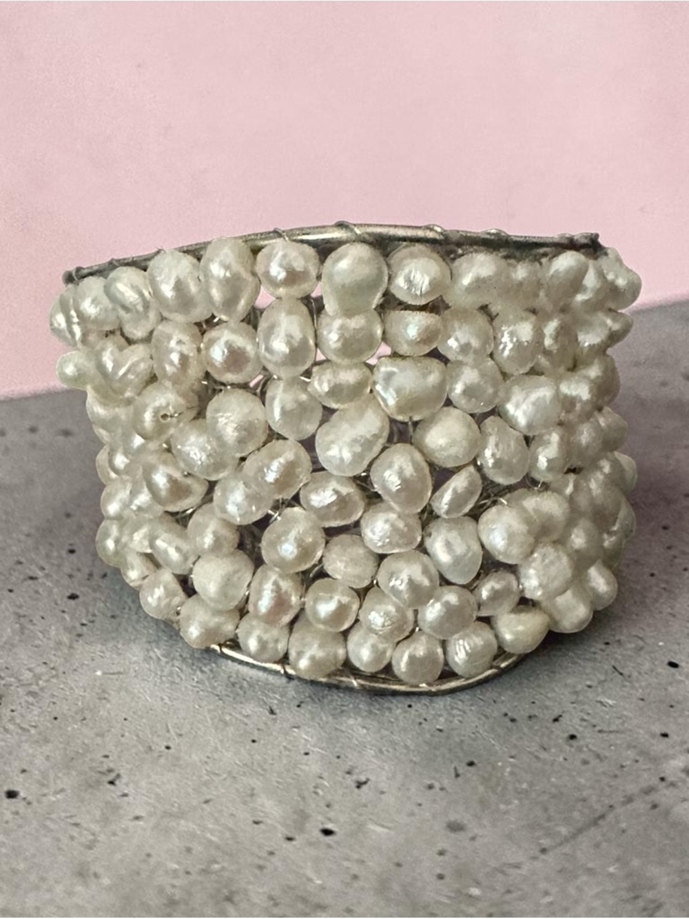 White Cultured Pearl Cluster Wide Band Bracelet Wire Wrapped Statement Boho